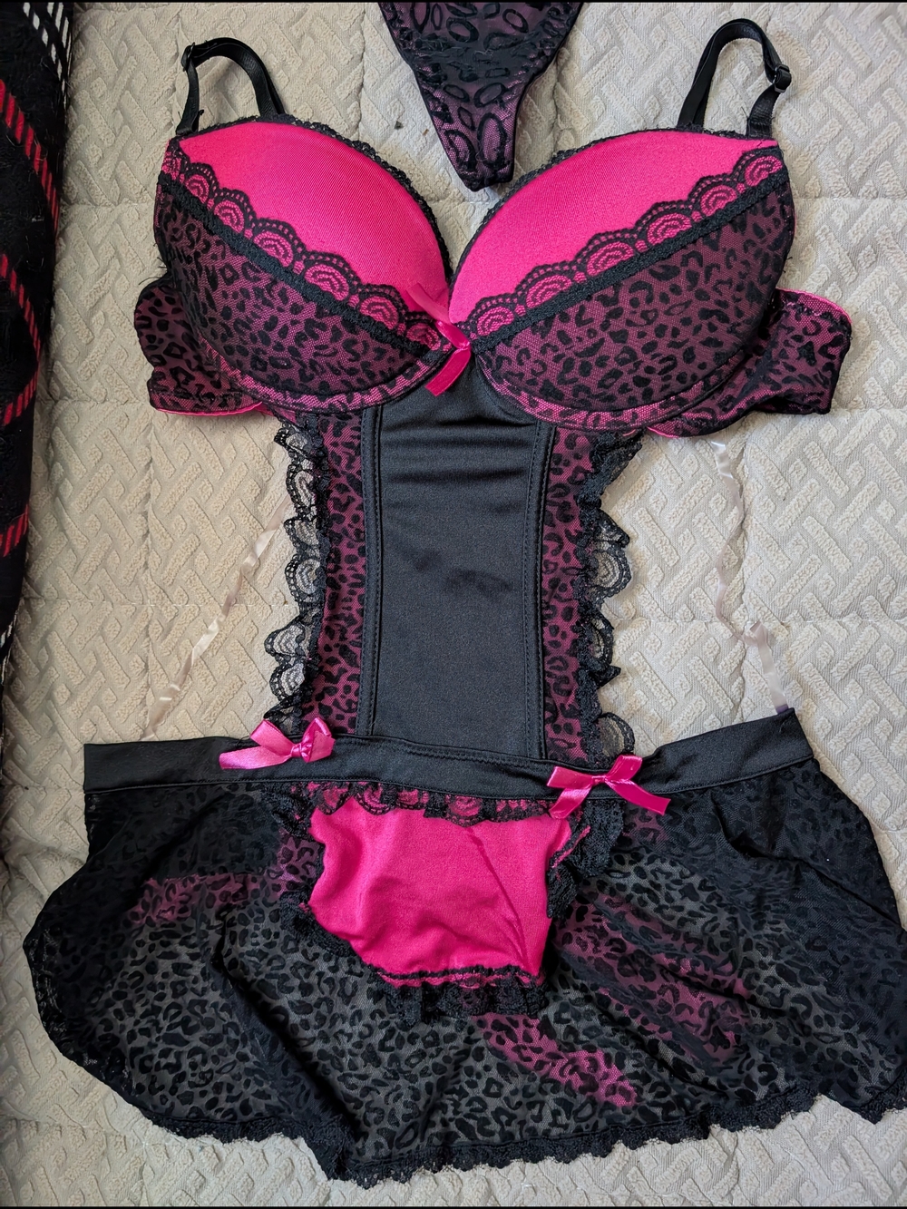 Bundle Of Rampage And Body Rage Pink and Black Leopard Chemise & Playboy Thongs - Picture 3 of 8